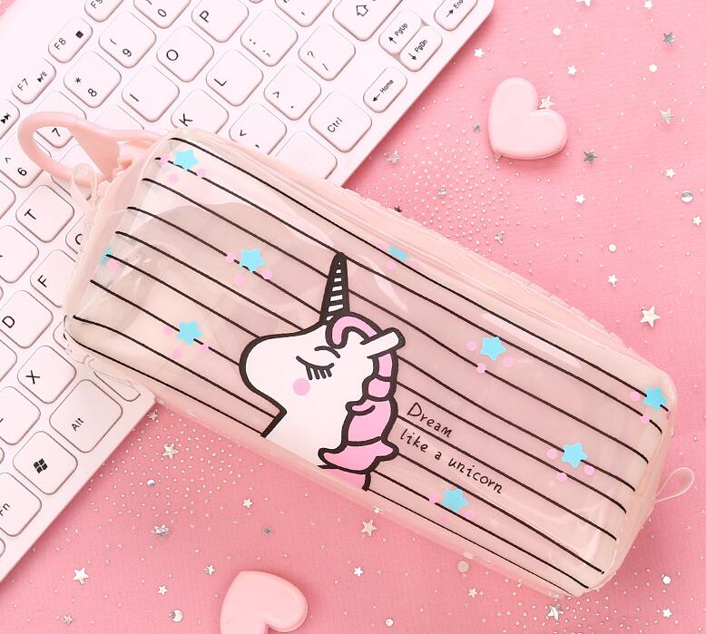 Estuche transparente de unicornio para lápices, estuche escolar de gran capacidad con cremallera, bolsa de almacenamiento, caja de suministros para la escuela, de papelería: bai