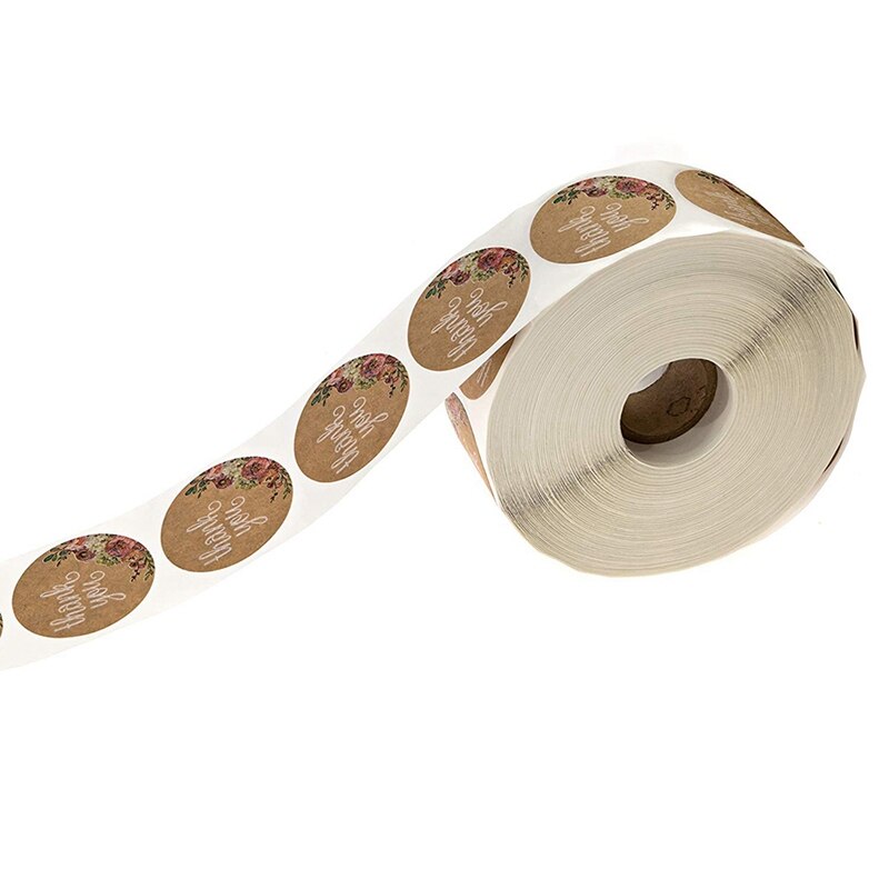 Kraft Floral Thank You Stickers - 1 inch Circle Labels / 500 Per Pack