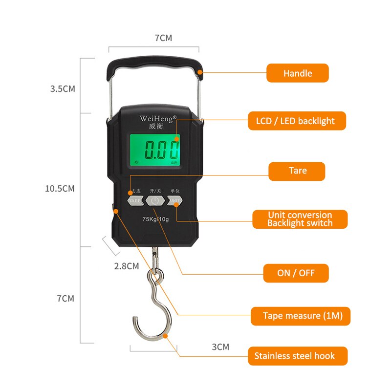 75kg/10g Digital Waage mit 100cm MaßBand Elektronische Gleichgewicht Hand Waagen für Angeln Gepäck Reise steelyard Gewicht Waage