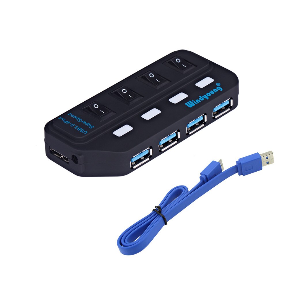 Windyoung USB3.0 HUB 7 Port with Power Charging and Switch Multiple USB Power Adapter LED ON/OFF Switch Splitter for PC Laptop: 4 Ports