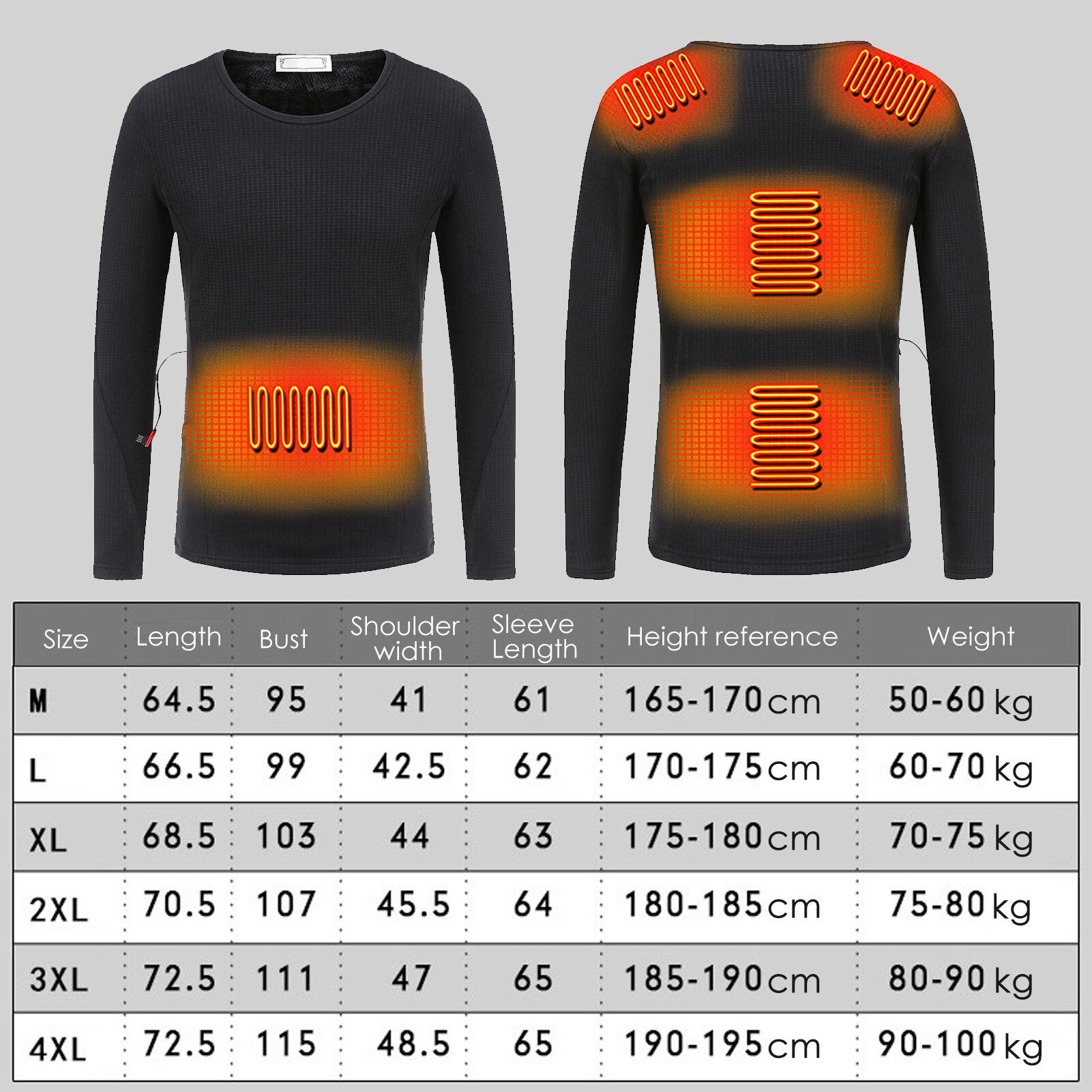 Inverno isolado roupa interior de aquecimento lavável usb elétrico aquecido térmica manga longa t camisas (bateria não incluída)