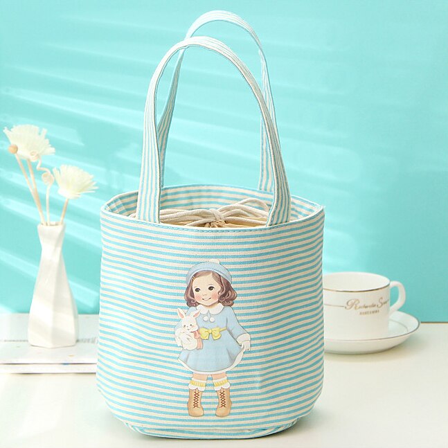 Cute Girl Cylindrical Lunch Bag Students Round Lunch Box Bag Waterproof Insulation Circular Drawstring Food Thermal Cooler Tote: blue