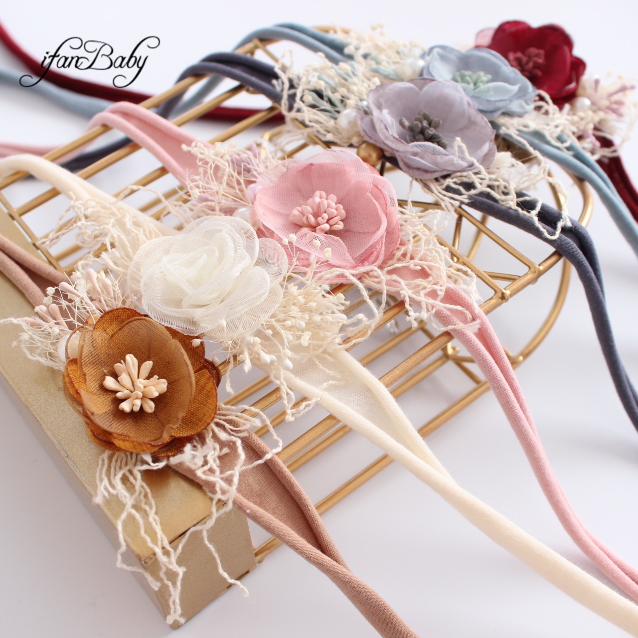 Diadema de flores rosas vintage quemada para niños y mujeres con diadema elástica de nailon con perlas