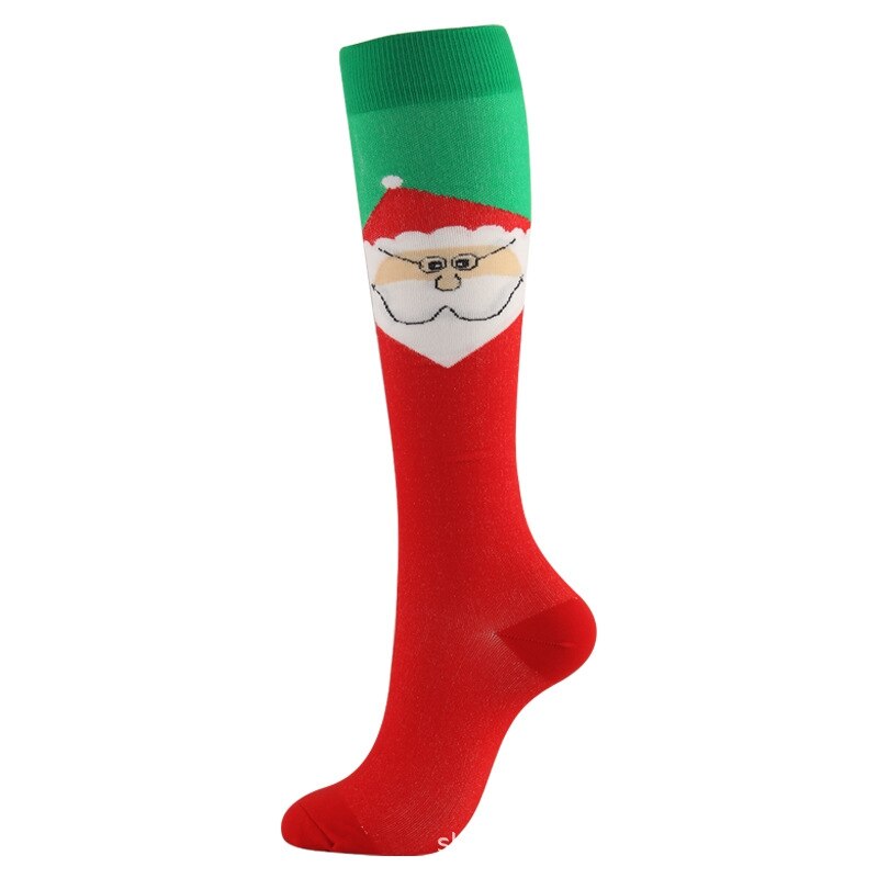 1 Pair Compression High Knee Socks Women Long Socks Christmas Cap Tree Deer Striped Printed Polyester Winter Warm Comfartable