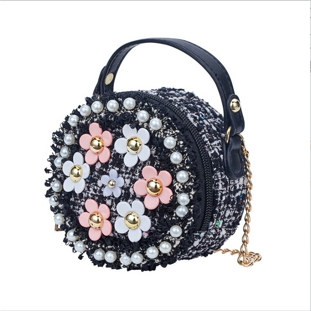 Nouvelles filles cylindrique perle fleur épaule sac de messager enfants princesse sacs à bandoulière épaule fermeture éclair: Black