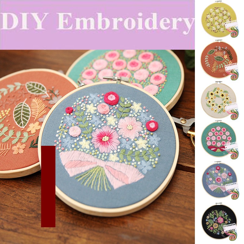 Kit de bordado de flores fácil DIY Kit hecho a mano costura de punto de cruz para principiantes con aro de bambú pintura para coser decoración del hogar