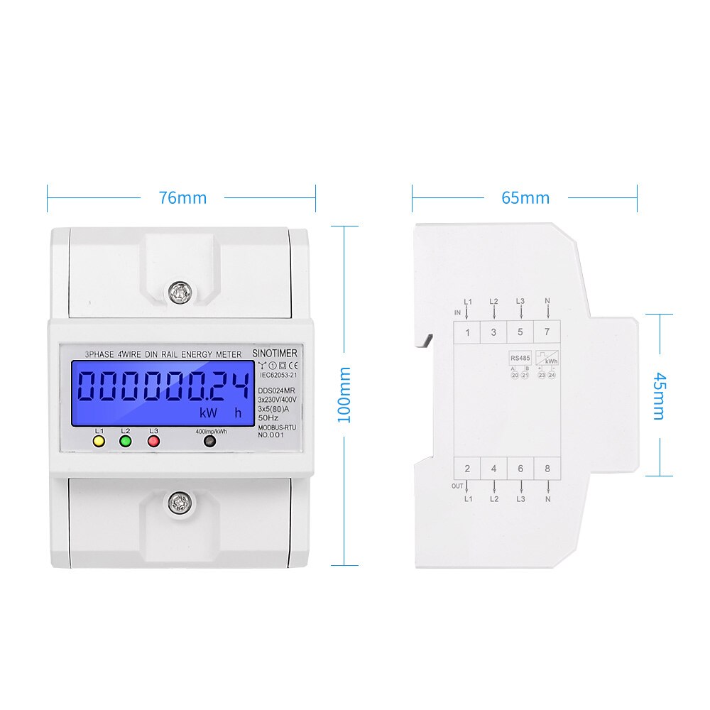 DDS024MR 80A LCD Energy Meter Modbus Three-Phase Electric Meter Volt Amp Watt Meter Power Meter Cycling Home Energy Monitor