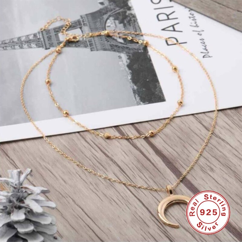 100% 925 Sterling Zilver Vintage Multilayer Vrouw Hanger Ketting Moon Star Hanger Sleutelbeen Choker Collares Kettingen Sieraden