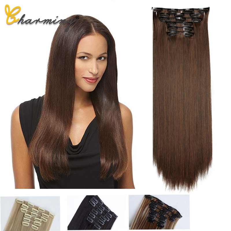 Cheveux de charme 24 pouces longue Extension de cheveux raides 6 pièces/ensemble 16 Clips haute température pince à cheveux synthétique dans l'extension de cheveux