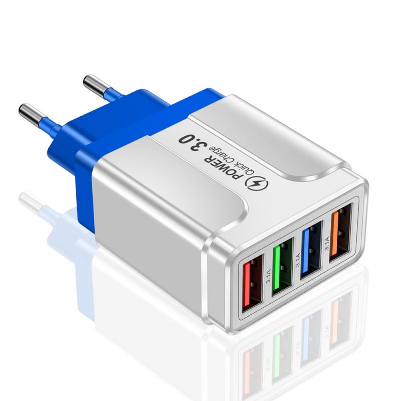 Mobiele Telefoon Reizen Opladen Hoofd Voor Iphone 12 Xiaomi Huawei Tablet Draagbare Eu/Us/Uk Plug 3.1A Vlinder 4 Usb Lader: BLUE  EU