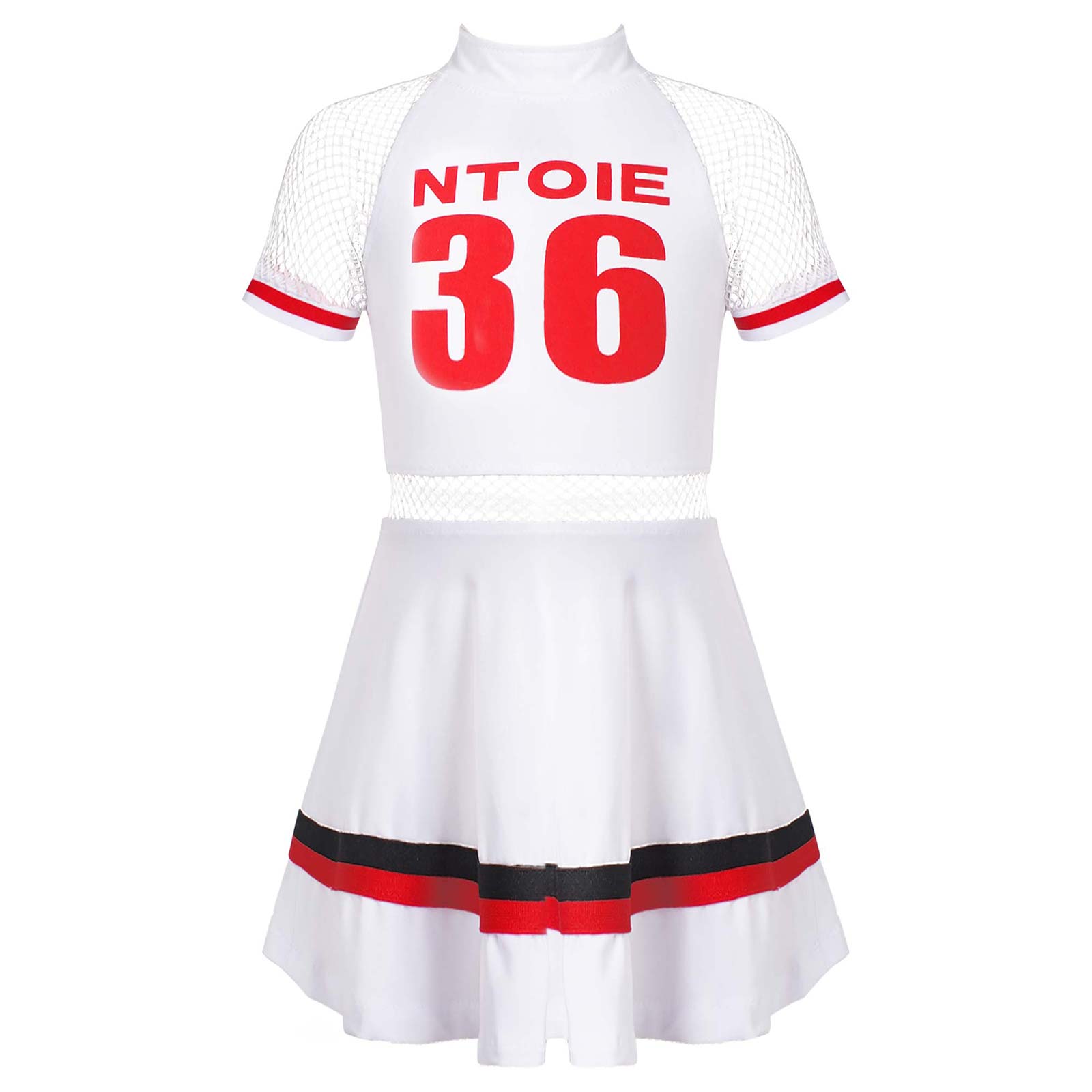 Kids Girls CheerleadingsPerformance Clothes Fishnet Short Sleeve Round Neckline Letter Number Print Dance Dress with Socks: White / 100