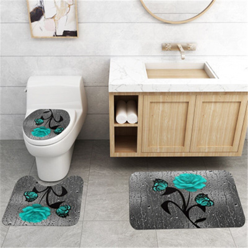 Badeværelse måttesæt skridsikker digita print sommerfugl bademåtte koral fleece badeforhæng gulvmåtte vaskbart toilet tæppe