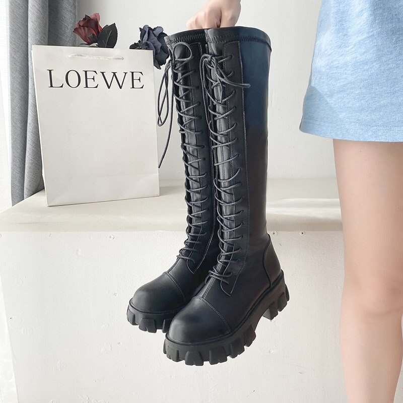 Dikke platform zwarte pu leren kniehoge laarzen dames dikke zool schoenen herfst winter veterschoenen lange laarzen