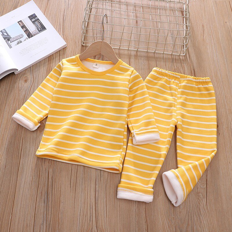 Autumn Baby Kids Girls Boys Thicken Long Sleeve Striped Print Blouse+Pants Pajamas Sleepwear Set: yellow / L