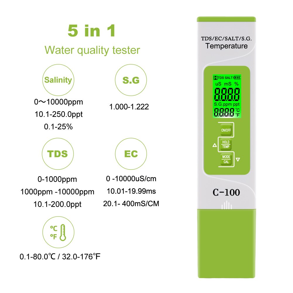 5 in 1 TDS/EC/Salinity/S.G/Temperature Meter Water Purity Digital Multifunction Tester Monitor for Drinking Water Food