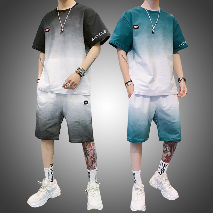 Herresæt 2- delt outfit sportssæt kortærmet sommer fritids træningsdragt tynde t-shirt shorts jakkesæt gradient