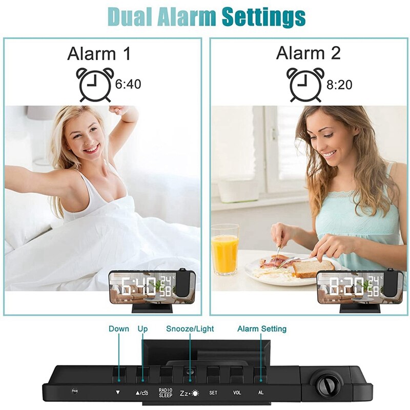 Projection Alarm Clock with Temperature Hygrometer,7.3Inch LED Radio Digital Clock with Rotation Ceiling Projector