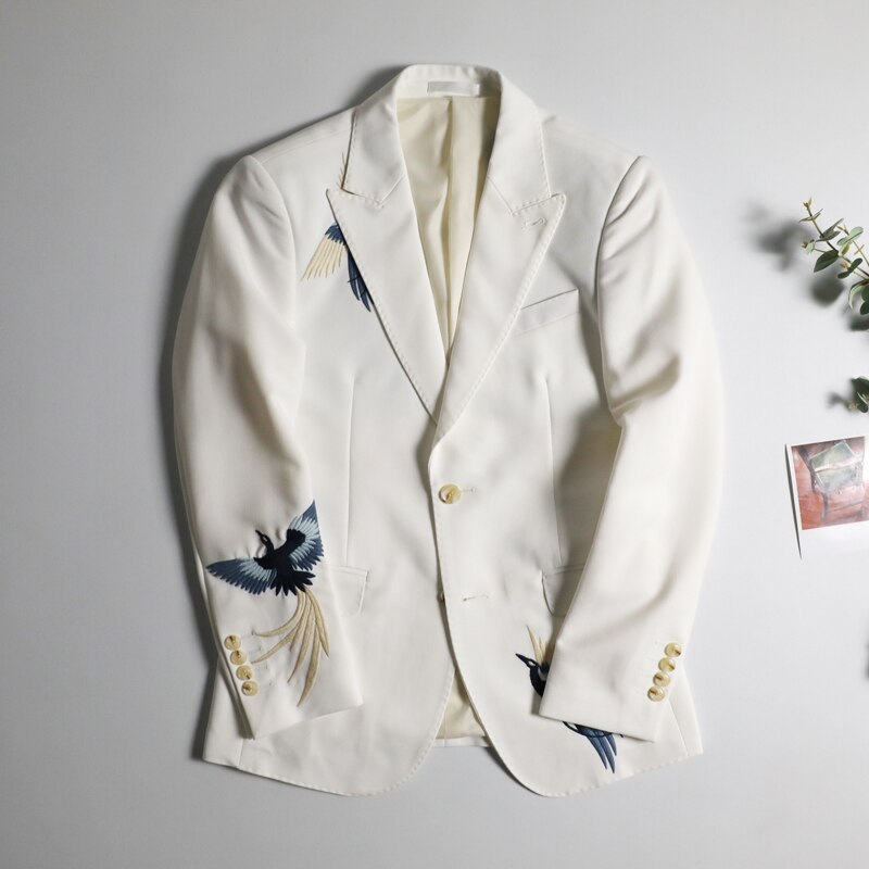 Costume avec fleurs de mariage pour hommes, veste avec broderie pour hommes, veste élégante pour hommes, tenue de scène blanche