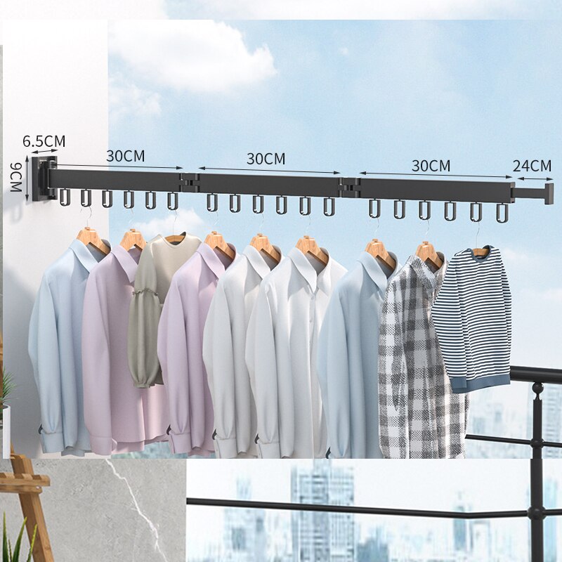 1.2m Folding Clothes Hanger Wall Mount Retractable Cloth Drying Rack Indoor &amp; Outdoor Space Save Aluminum Home Hotel Clothesline: 3 rod black 18 hook