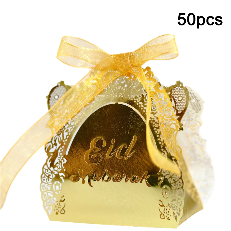 50pcs Eid Mubarak Candy Box Ramadan Decoration Hollow Wedding Party Favor Chocolate Boxes with Ribbons: RGD-1