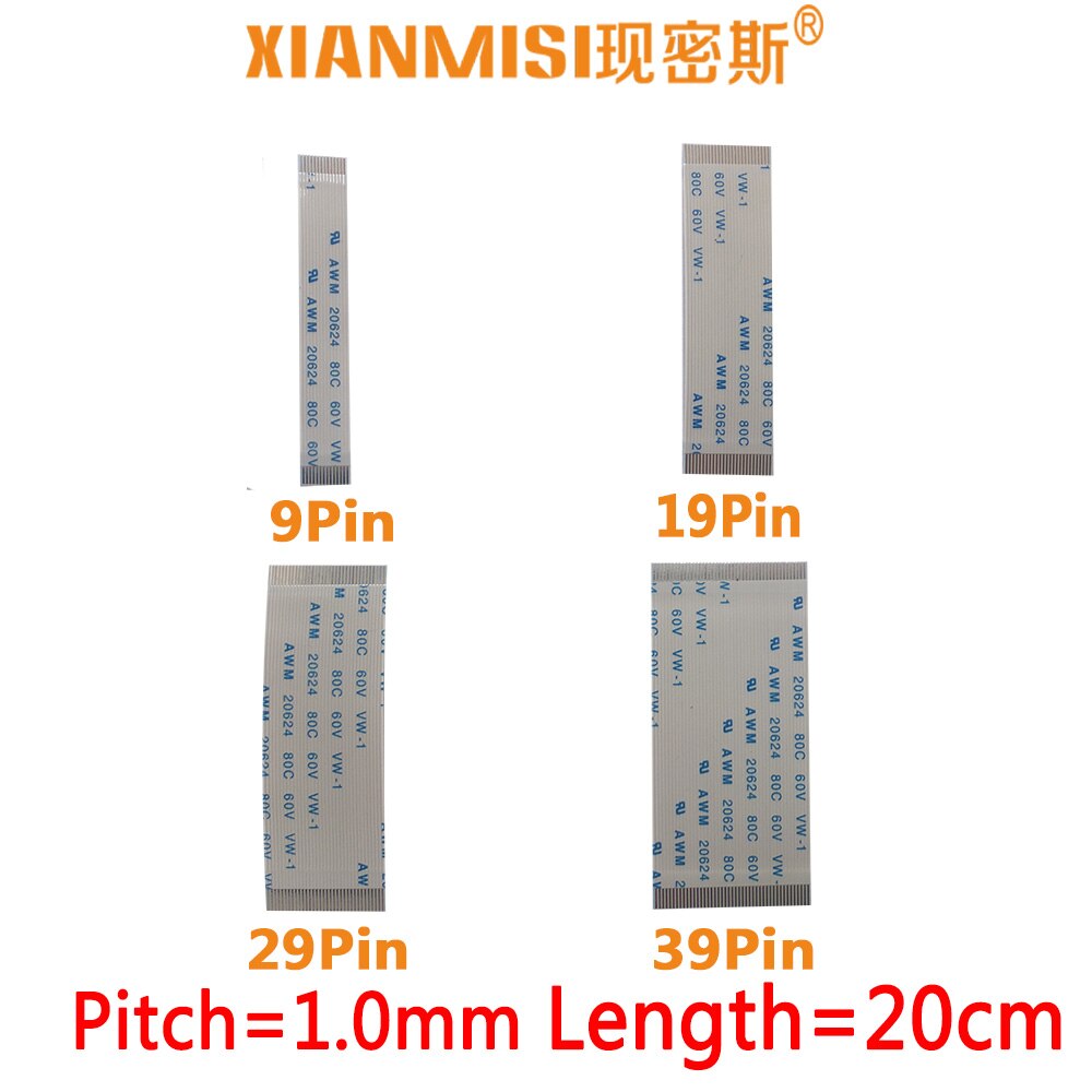 FFC/FPC Platte Flex Verlengkabel 9Pin 19Pin 29Pin 39Pin ame Side 1.0mm Pitch AWM VW-1 20624 20798 80C 60 V Lengte 20 cm 5 STKS