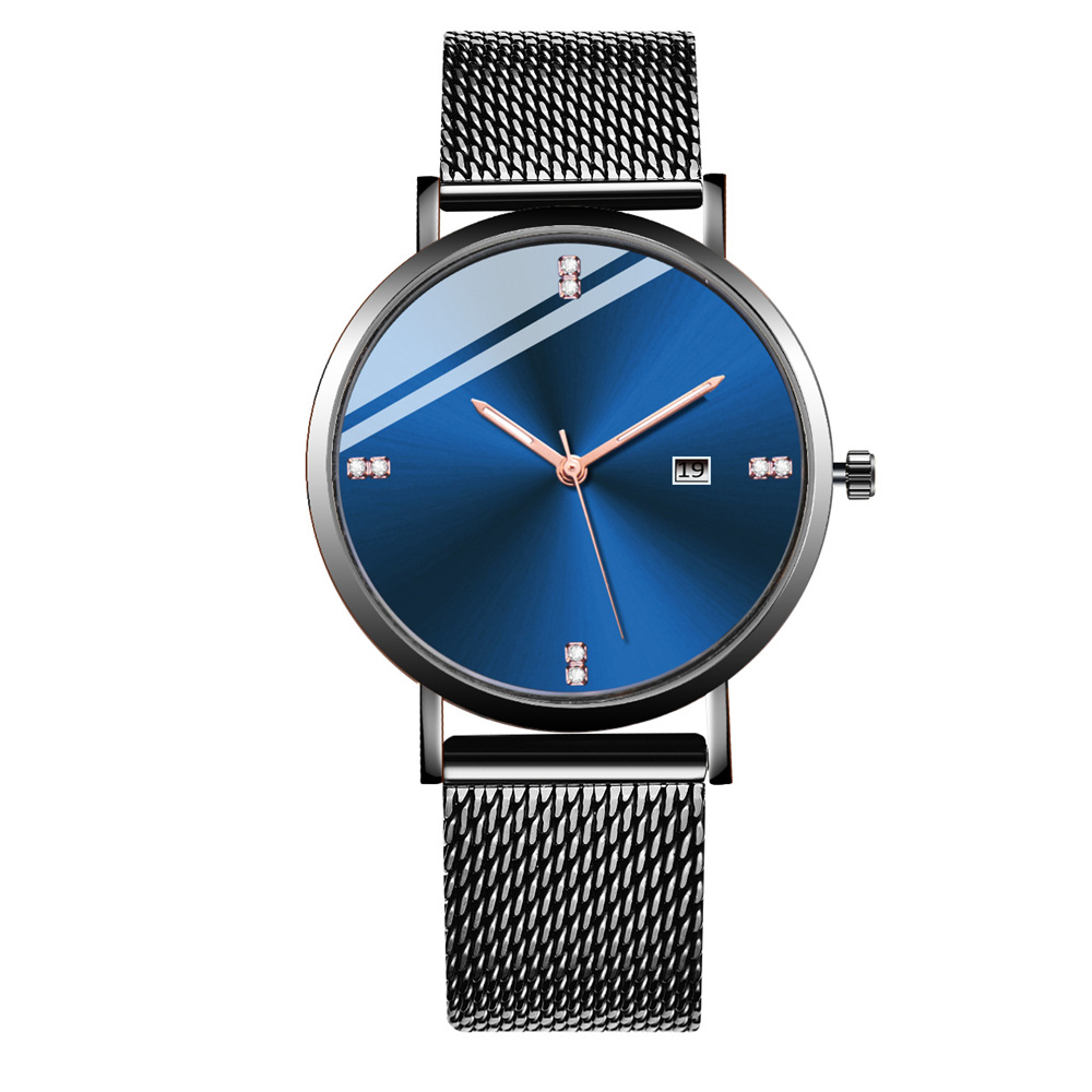 Heren Horloge Quartz met Strass Datum Eenvoudige Dial Roestvrij Stalen Band SOXY Luxe Mannelijke Klok Erkek Kol Saati: Blue