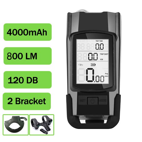 Wireless Bicycle Computer MTB Cycling Bike Odometer Stopwatch Speedometer Integrated 800LM Headlight 120DB Horn Accessories: Black C