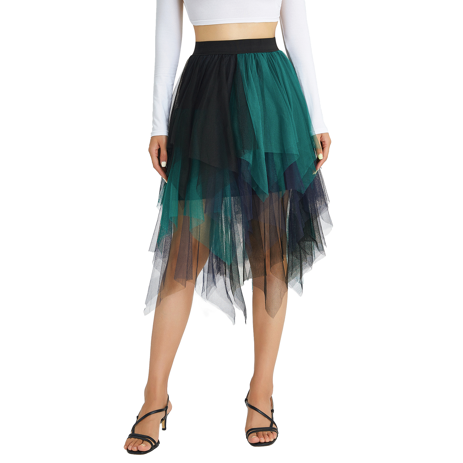 Solid Color Irregular High Waist Tulle Mesh Skirt Women Summer Party Petticoat Ball Gown Skirts: green