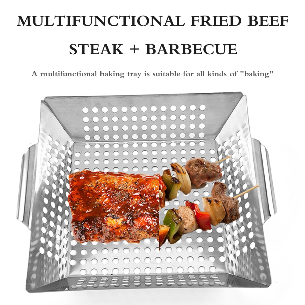 Barbecue Grill Pan Baking Tray Stainless Steel Square Vegetable Grill Barbecue Basket VeggiesOutdoor Camping Picnic Cookware BBQ