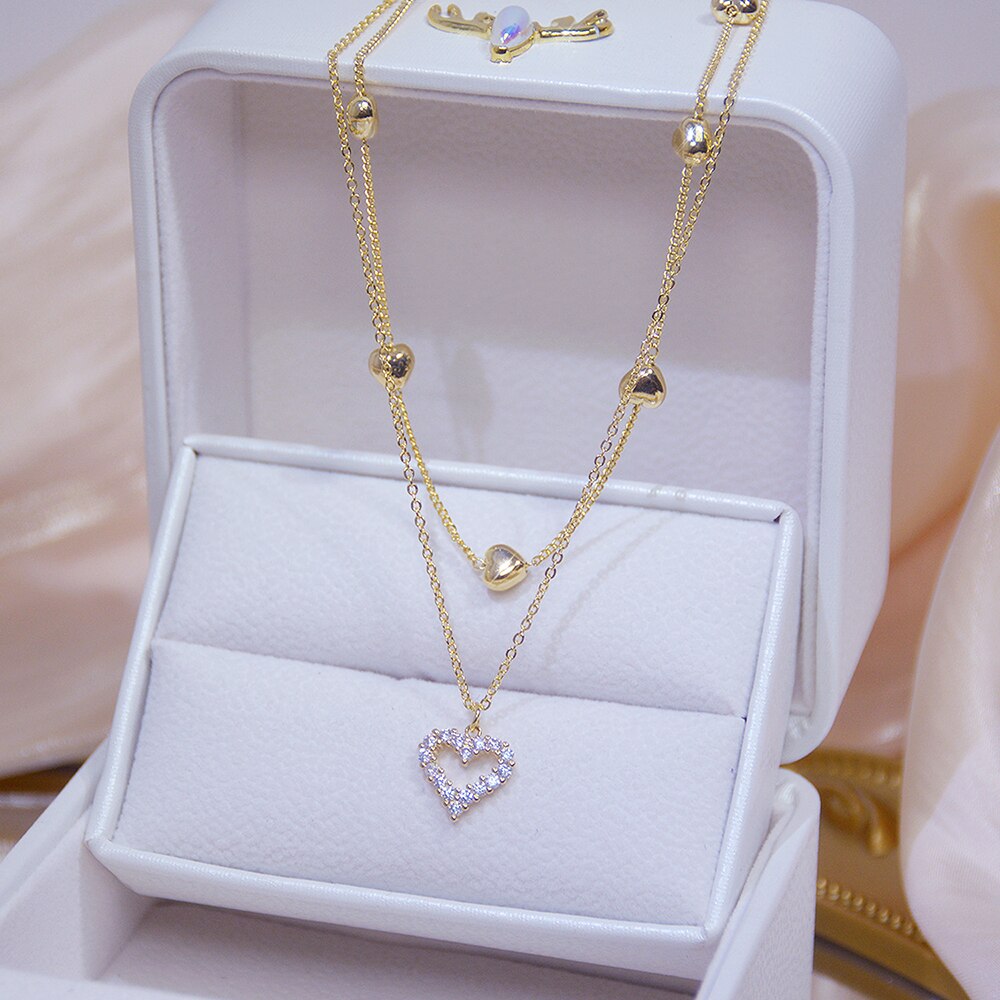 Romantic Charm Brilliant CZ Bowknot Lady Necklace 14k Real Gold Super Shining Zircon Clavicle Rope Charin Stylish Kolye: heart necklace