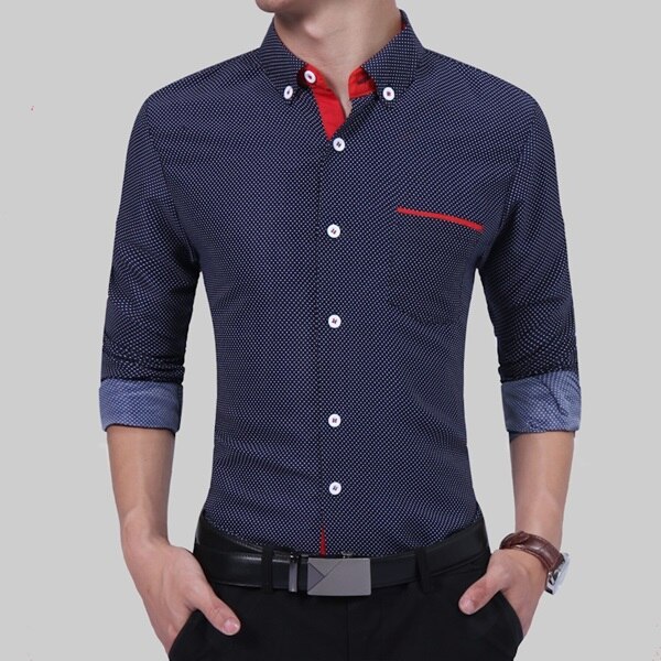 Brand slim fit herre langærmet business skjorte bomuld herre polkaprikker casual camisa social herre skjorte social størrelse: Marine blå / Asiatisk størrelse l