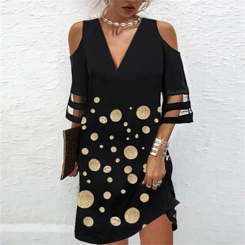 Frauen Weg Von Der Schulter Kleider Mesh Spleißen Halbe Hülse V-ausschnitt Pullover Kleid Eleganten Druck Weibliche Büro Pendler Kleid: S / Elfenbein