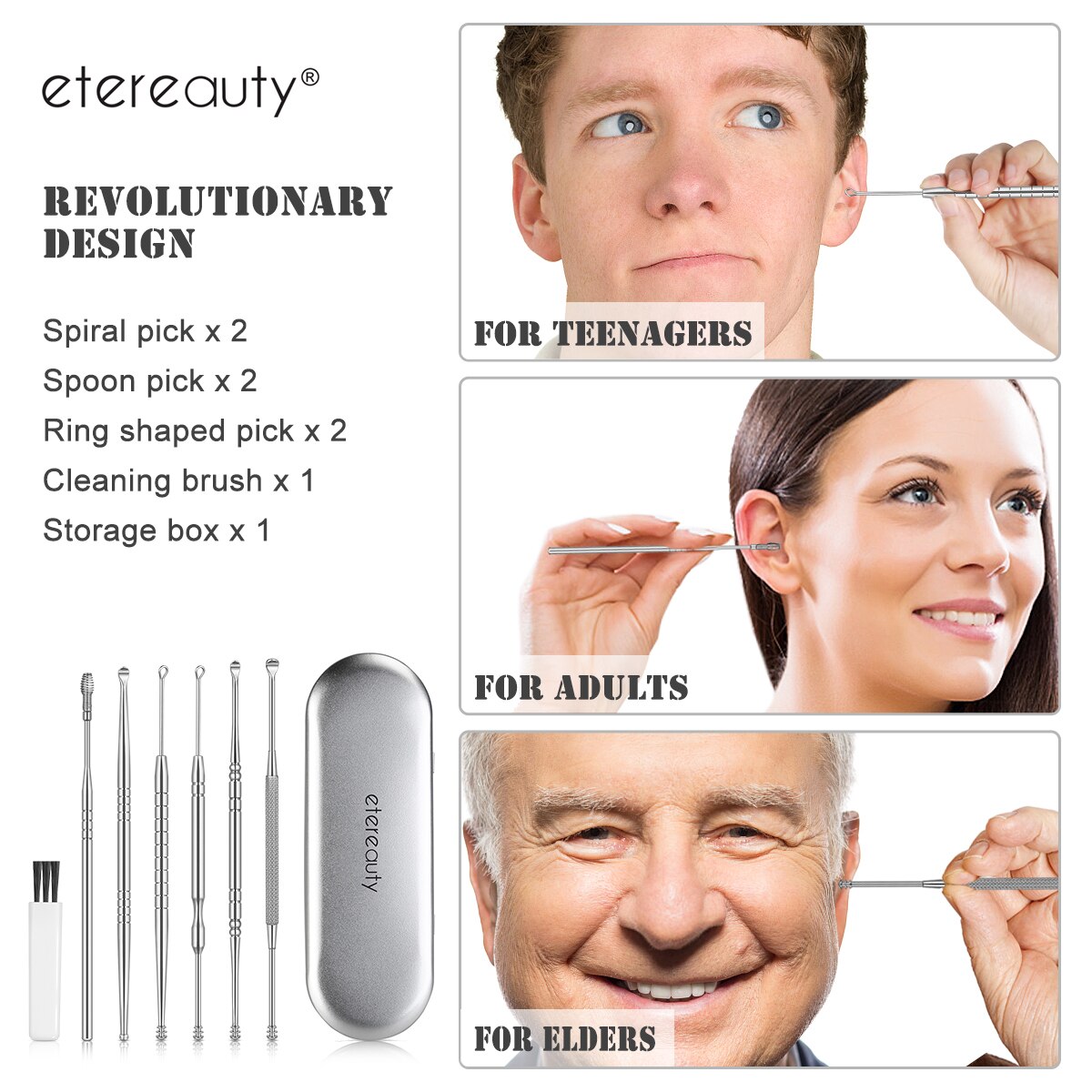 7pcs Ear Cleansing Ear Wax Removal Kit Multi-Functional Ear Pick Cleaner Kit Ear Cleansing Tool With A Cleaning Brush (Silver)