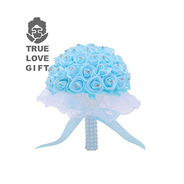 10 Colors Handmade Foam Flowers Crystal Wedding Bouquets Romantic Bridesmaid Rose Bridal Bouquet Ribbon For Wedding Mariage: Blue