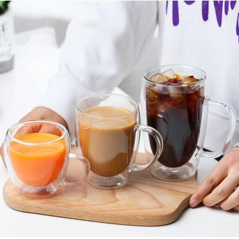 Glaskrus dobbeltvægget glaskaffekop med hank mælkevandskop klare kopper varmebestandige klare juiceølkopper glaskrus