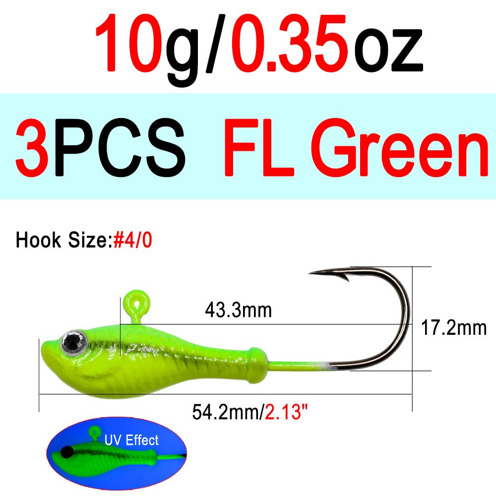 ICERIO 3 stücke 10g 14g 28g glühen Angeln Locken Metall Swimbait Jig Köpfe Haken Bucktail Jig Köpfe salzwasser Wackeln Köder Halfter Haken: 3Stck 10g FL Grün