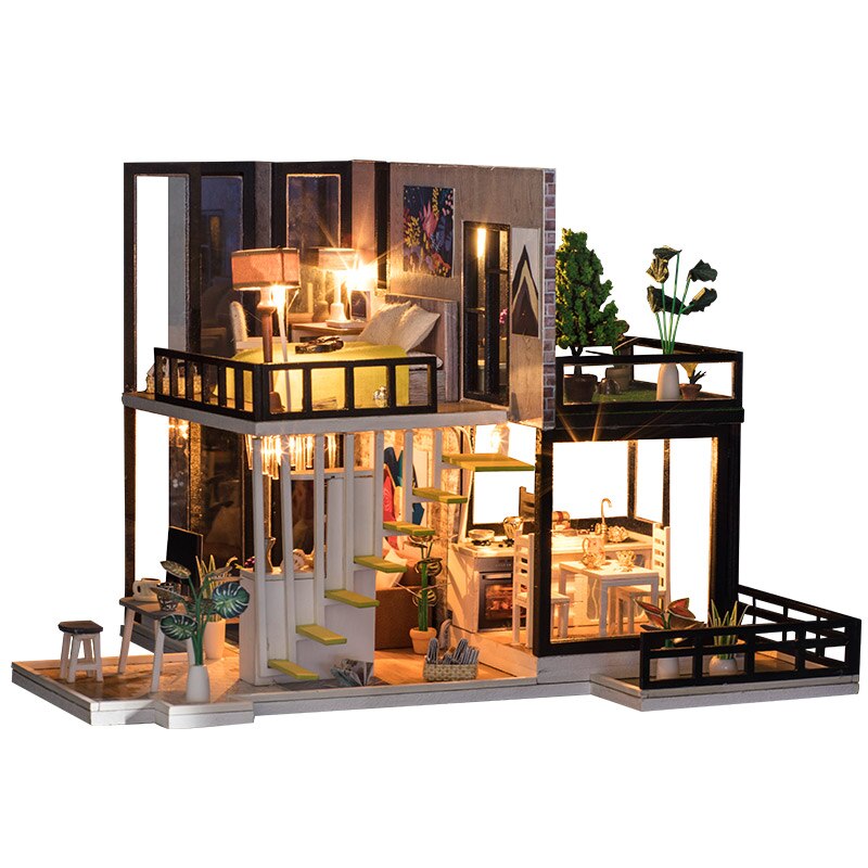 Handgemachte Puppe Haus mit Möbel Miniatur Diy Puppe HäNutzer Miniatur Puppenhaus Küche Holz Spielzeug Für freundlicher Geburtstag