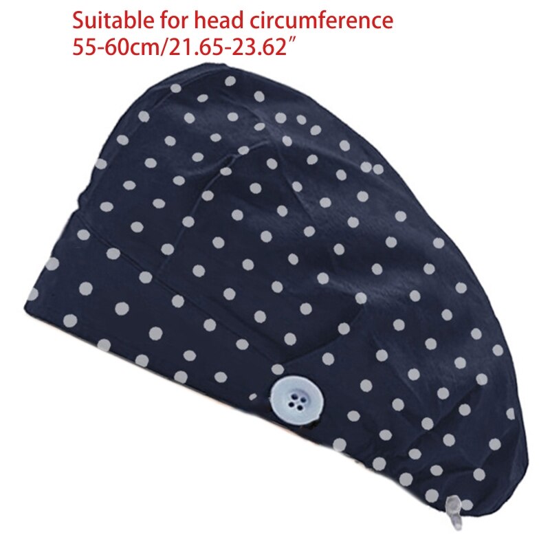 Doctor Nurse Bouffant Hat with Buttons Sweatband Polka Dot Dustproof Working Cap