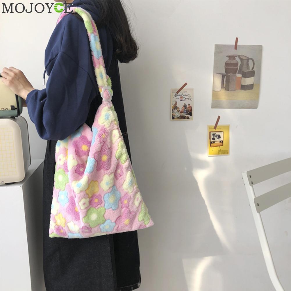 Flower Shoulder Bag Women Soft Plush Large Capacity Totes Handbag Travel Daily Messenger Crossbody Pouch