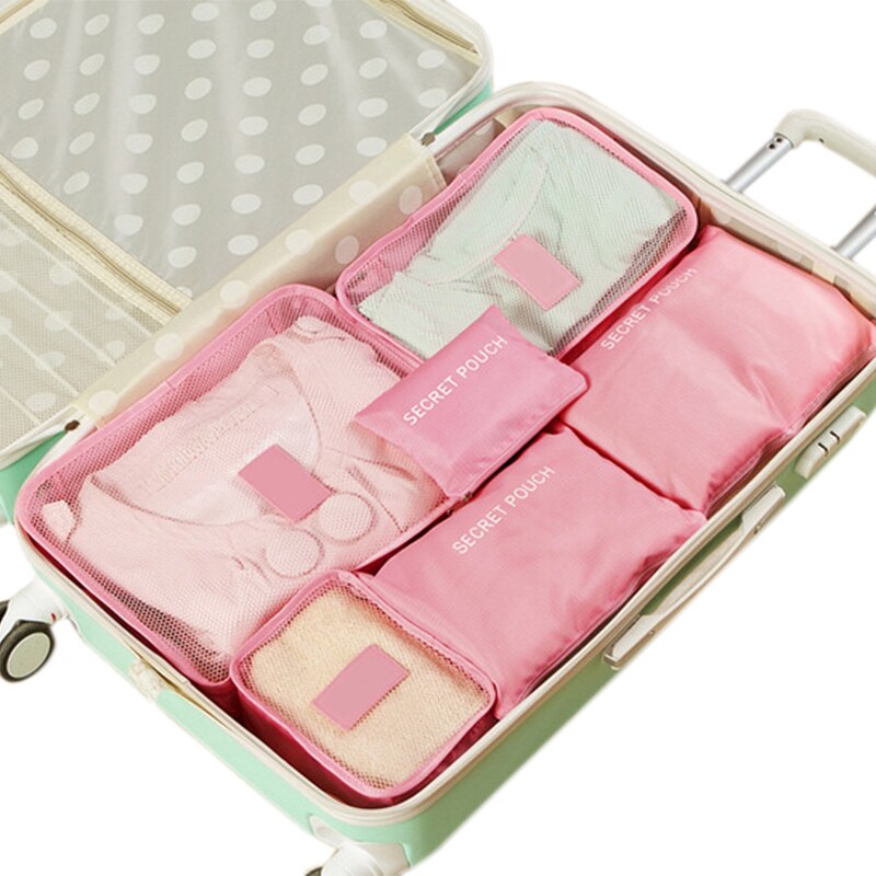 6 pièces/ensemble sac de voyage pour vêtements accessoires de voyage fonctionnels organisateur de bagages haute capacité maille emballage Cubes pratique: pink