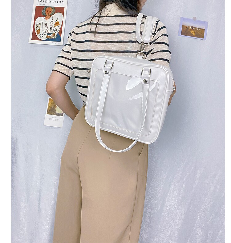 Japanses mochila feminina quadrada itabag, bolsa de couro pu de 3 saídas, mochila escolar feminina kawaii, saco transparente para ita de compras