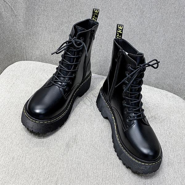 Zapatos de para mujer, botas, botines de mujer, tacón bajo para mujer, punta redonda, Otoño , Botines negros de goma: 36