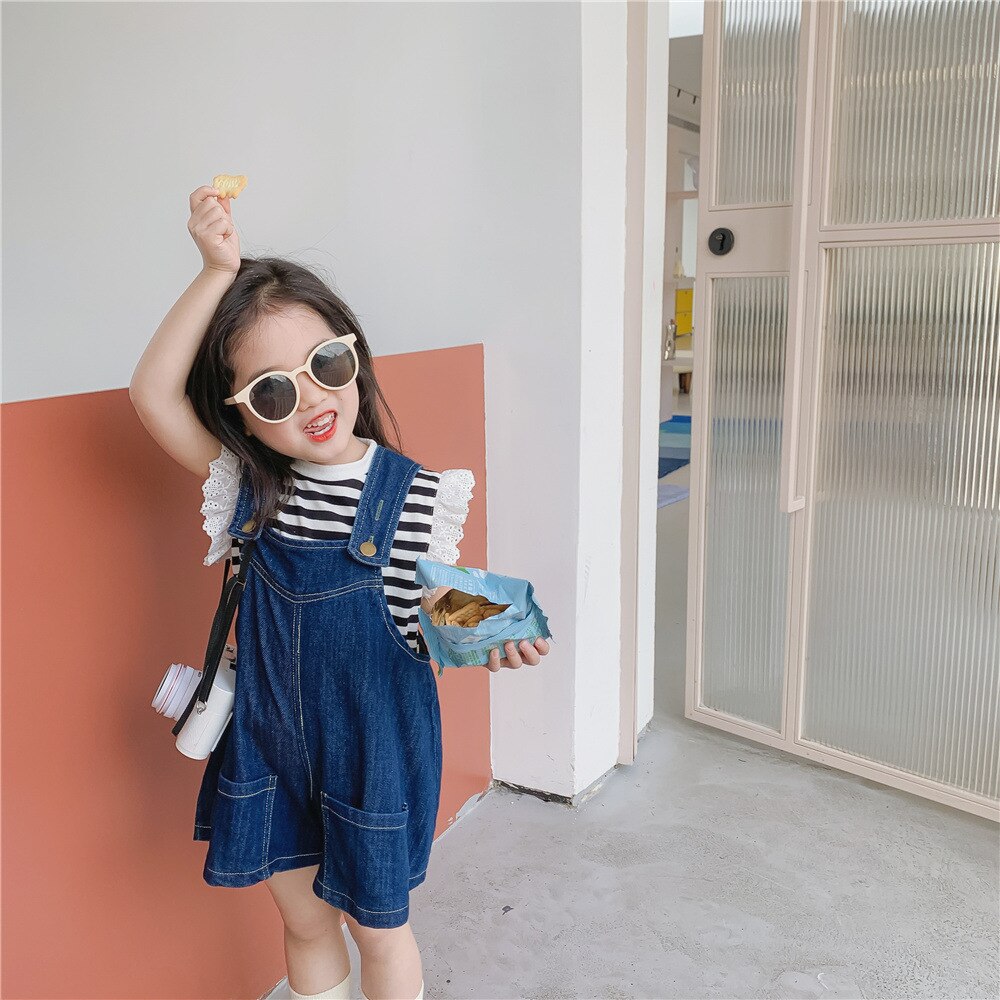 Summer Children Pants Girls Korean Loose Leisure Denim Bib Shorts: 130cm