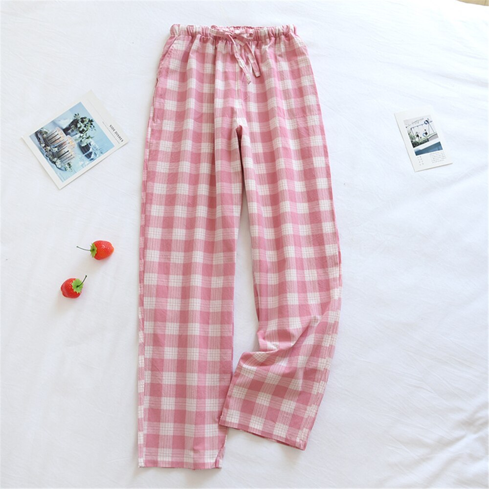 Mannen Katoen Plaid Pyjamabroek Voor Adluts Thuis Katoen Losse Dames Pyjama Broek Koppels Sleep Bottoms Lounge Homewear: Women-Pink / Asian Size M