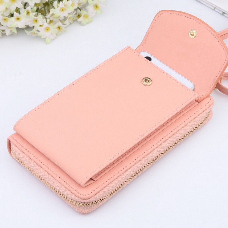 Women Purses Solid Color Leather Shoulder Strap Bag Mobile Phone Big Card Holders Wallet Handbag Pockets for Girls