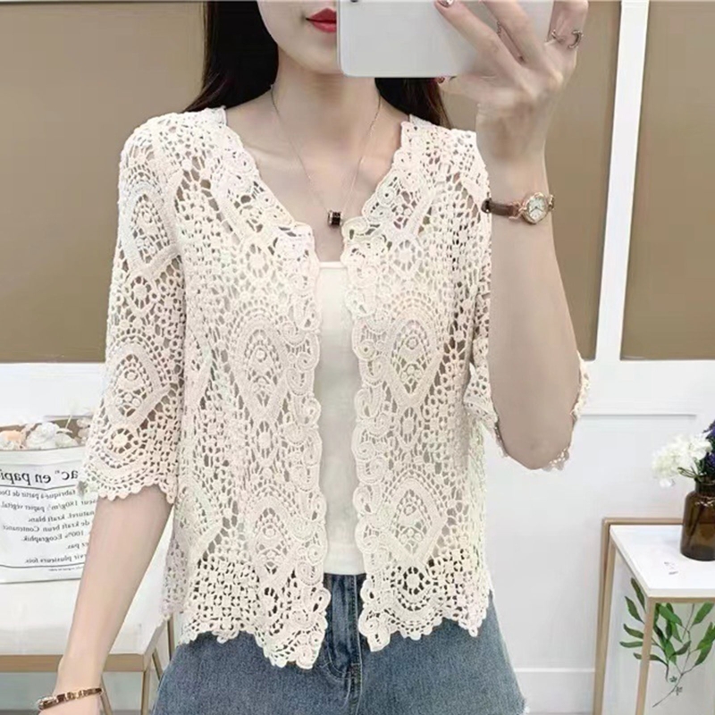 Women Knitted Lace Shrug Boho Hollow Crochet Floral 3/4 Sleeves Open Front Cropped Cardigan Mesh Sweater Coveup
