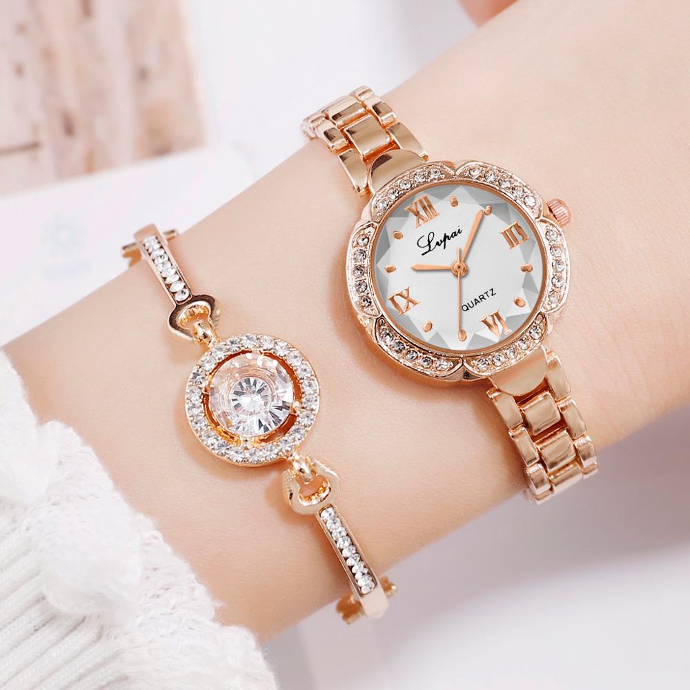 Lvpai gouden dameshorloge luxe eenvoudige damesarmbandhorloges casual stijlvolle damesklok 2 -delige set in ulzzang-stijl