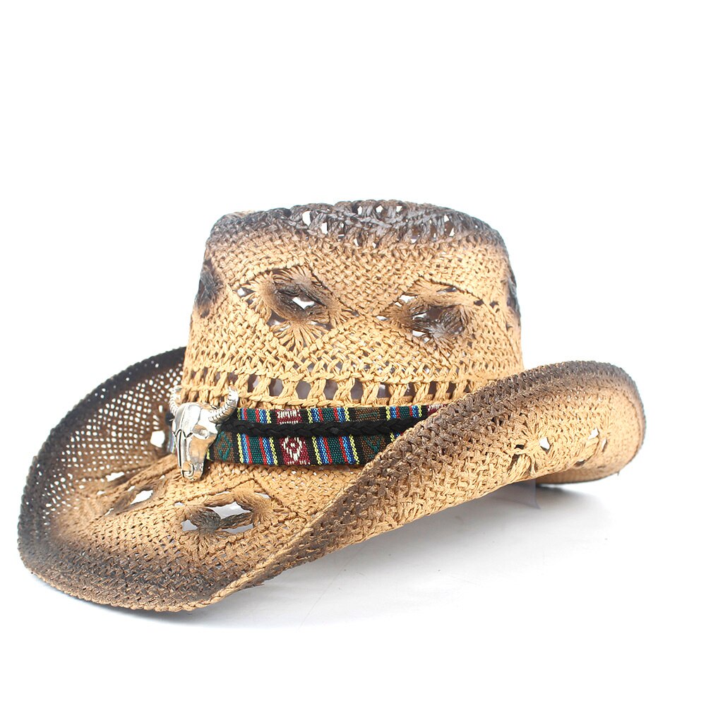 Retro kvinder mænd halm hule vestlige cowboy hat dame håndlavet sombrero hombre strand cowgirl jazz sol hat størrelse 56-58cm: Kaffe