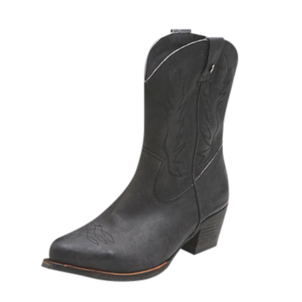 Vinterstøvler kvinner semsket skinn kalv imitert slip-on skinn støvler med rund tå dame lavhælte sko cowboy ridder boots #3: Svart / 9.5