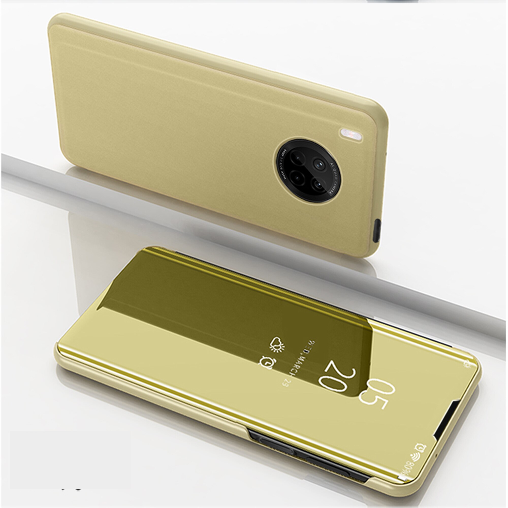 Y9A Protector For Huawei Y9A Pouch Mirror Surface Wireless Charging PC Leather Full Cover Plain Flip protective 6.63inch: Gold